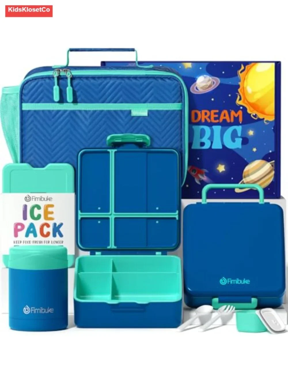 Kids Insulated Lunch Bag Set with Bento Box, Food Jar, Ice Pack, Utensils